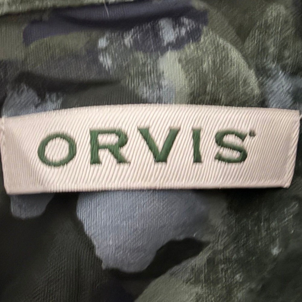 Orvis Women's L 100% Silk Button Down Shirt Olive Green Floral Camo Print 1046 - Picture 4 of 6